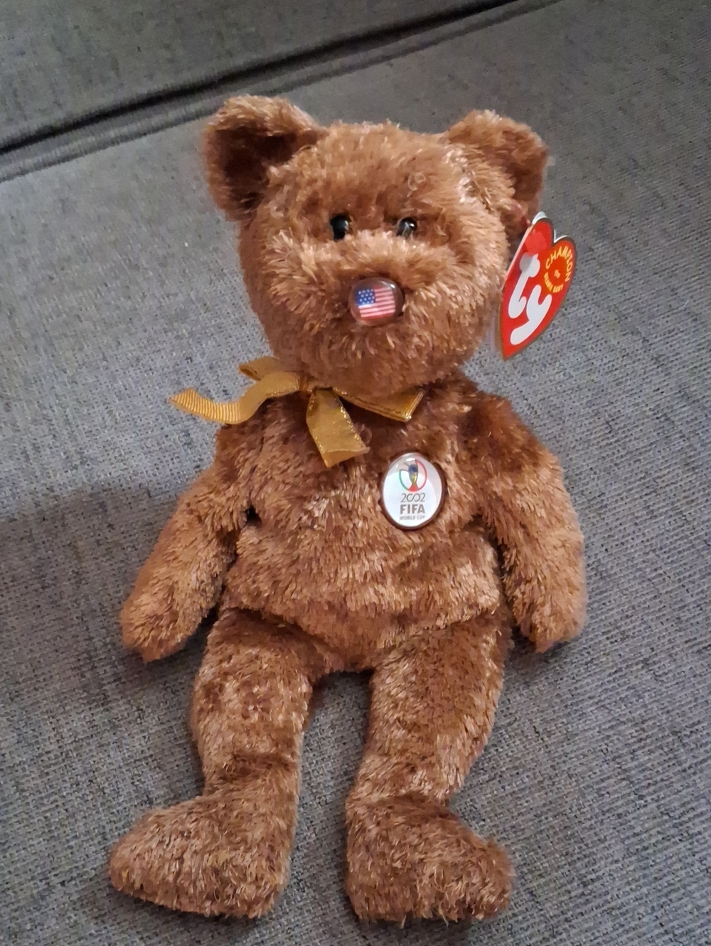 Ty BEANIE Baby "CHAMPION" Brown Plush Bear FIFA 2002 World Cup Soccer Collectors